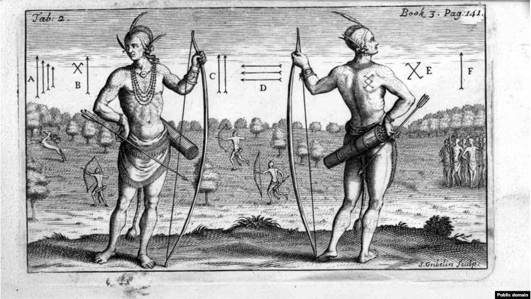 Indians in Virginia. Engraving by Theodore de Bry, 1590, based on a watercolor by John White in 1585.
