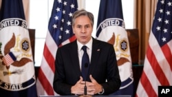 美国国务卿布林肯在华盛顿就国务院发布的年度“人口贩运问题”报告发表讲话。(2021年7月1日)
