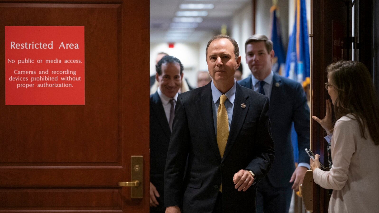 House Intelligence Committee Chairman Adam Schiff, D-Calif., leaves a secure area at the Capitol to speak to reporters, in Washington, Oct. 28, 2019.