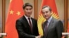 资料照：中国外长王毅在北京钓鱼台国宾馆与吉尔吉斯斯坦外长钦吉斯·艾达尔别科夫出席一个联合记者会。（2019年2月21日）
