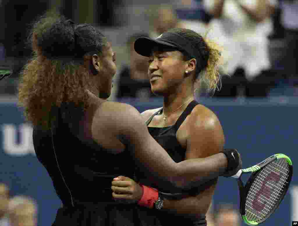 Serena Williams hugs Naomi Osaka, of Japan, after Osaka defeated Williams in the women's final of the U.S. Open tennis tournament, Sept. 8, 2018, in New York.