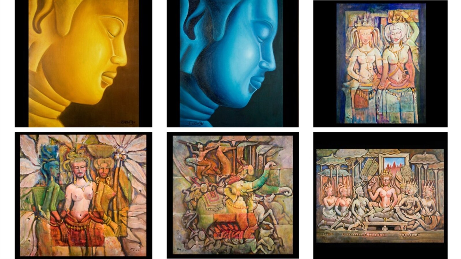 Paintings of Buddha, Apsara dancers, and animals (Courtesy of Khmer Art Gallery) 