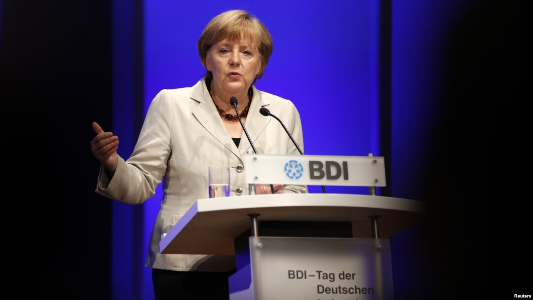 German Chancellor Angela Merkel gives a speech during the Federation of German Industries annual meeting in Berlin, September 25, 2012.