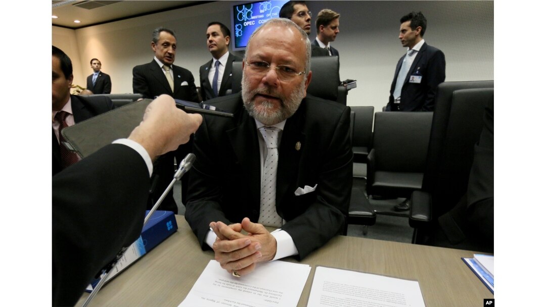 Carlos Pareja Yannuzzelli, exministro de Hidrocarburos de Ecuador, habla con periodistas en la sede de la OPEC en Viena, Austria. Dic. 4, 2015.