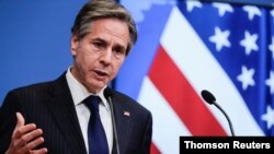 토니 블링컨 미 국무장관이 24일 북대서양조약기구(NATO) 외무장관 회의에서 연설하고 있다.