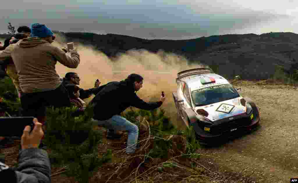 Italy's Lorenzo Bertelli steers his M-Sport Ford WRT with his compatriot co-driver Simone Scattolin during the SS12 of the WRC Chile 2019 near Pelun, Chile, May 11, 2019.