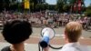 People gather for a rally near the Belarus Television headquarters in Minsk, Belarus, Aug. 17, 2020. 