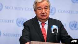 O Secretário-Geral da ONU, António Guterres, fala à imprensa na sede da ONU, em Nova Iorque, a 5 de abril de 2024,