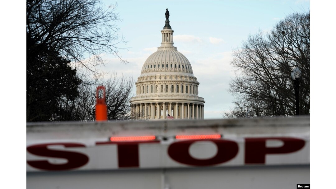 A security barricade is placed in front of the US Capitol on the first day of a partial federal government shutdown in Washington, Dec. 22, 2018.