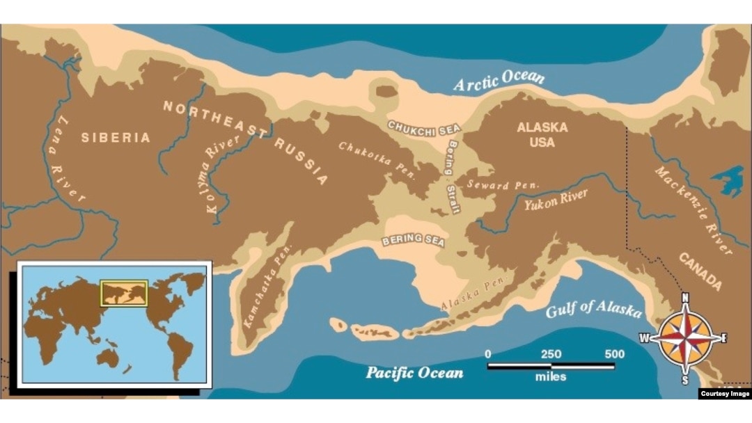 Map of eastern Russian and Alaska with a light brown boarder depicting Beringia, where archaeolosits believe ancient Americans crossed from Siberia into Alaska around 13,000 years ago. Courtesy, U.S. National Park Service.