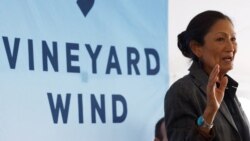 FILE - U.S. Secretary of the Interior Deb Haaland speaks during the groundbreaking ceremony at the point where power from the Vineyard Wind commercial offshore scale windfarm will come ashore in Centerville, Mass., Nov. 18, 2021.