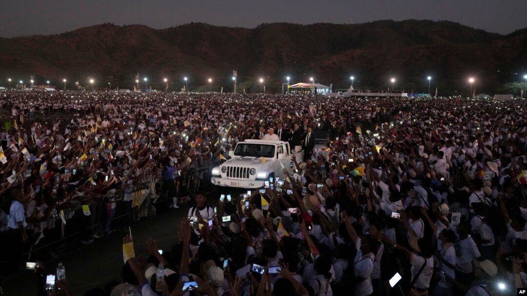 Pope Francis leaves after leading a holy mass at Tasitolu park in Dili, East Timor, Sept. 10, 2024. 
