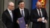 From left: European Council President Van Rompuy, European Commission President Barroso, and European Parliament President Schulz with the Nobel diploma, Oslo, Dec. 10, 2012.