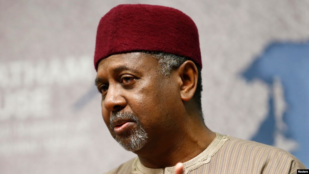 FILE - Nigeria's National Security Adviser Mohammed Sambo Dasuki listens to a question after his address at Chatham House in London, Jan. 22, 2015. 