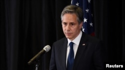 U.S. Secretary of State Blinken speaks to the media ahead of the G7 summit, in Berlin