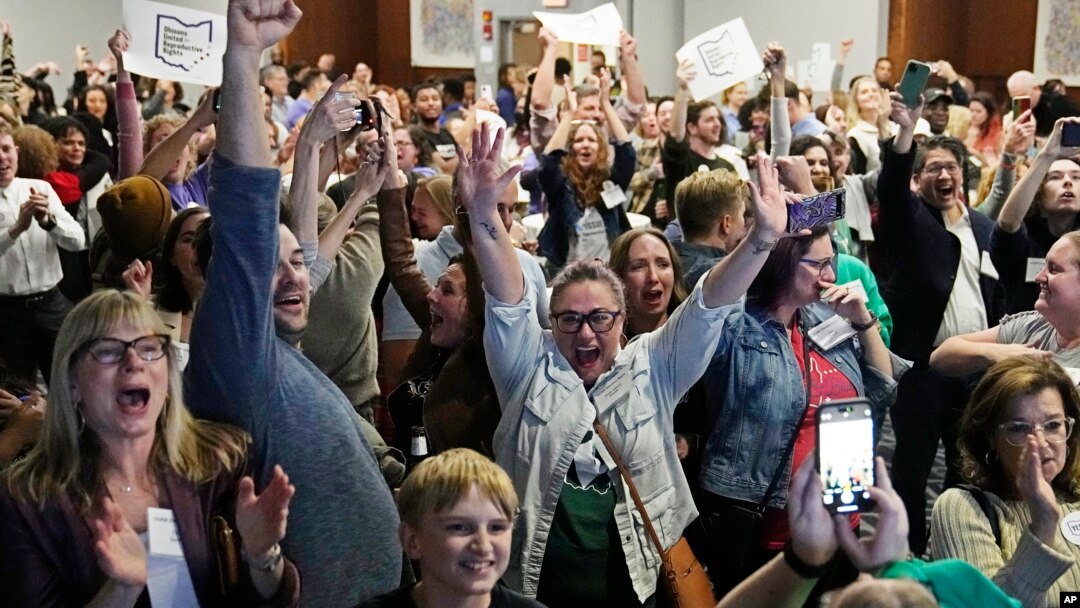 FILE — Ohio Issue 1 supporters cheer in Columbus, Ohio, after Ohio voters approved a constitutional amendment guaranteeing the right to abortion, Nov. 7, 2023. Abortion access advocates are taking steps in Nevada to get abortion rights on their 2024 ballot.