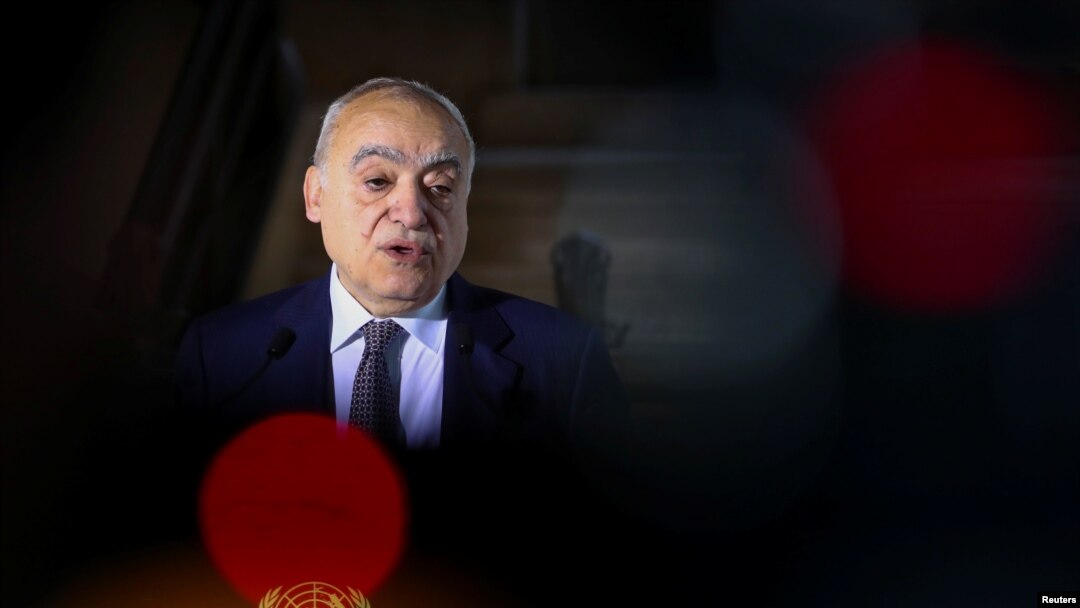 FILE - U.N. envoy for Libya Ghassan Salame holds a news briefing ahead of U.N.-brokered military talks in Geneva, Switzerland, Feb. 4, 2020.