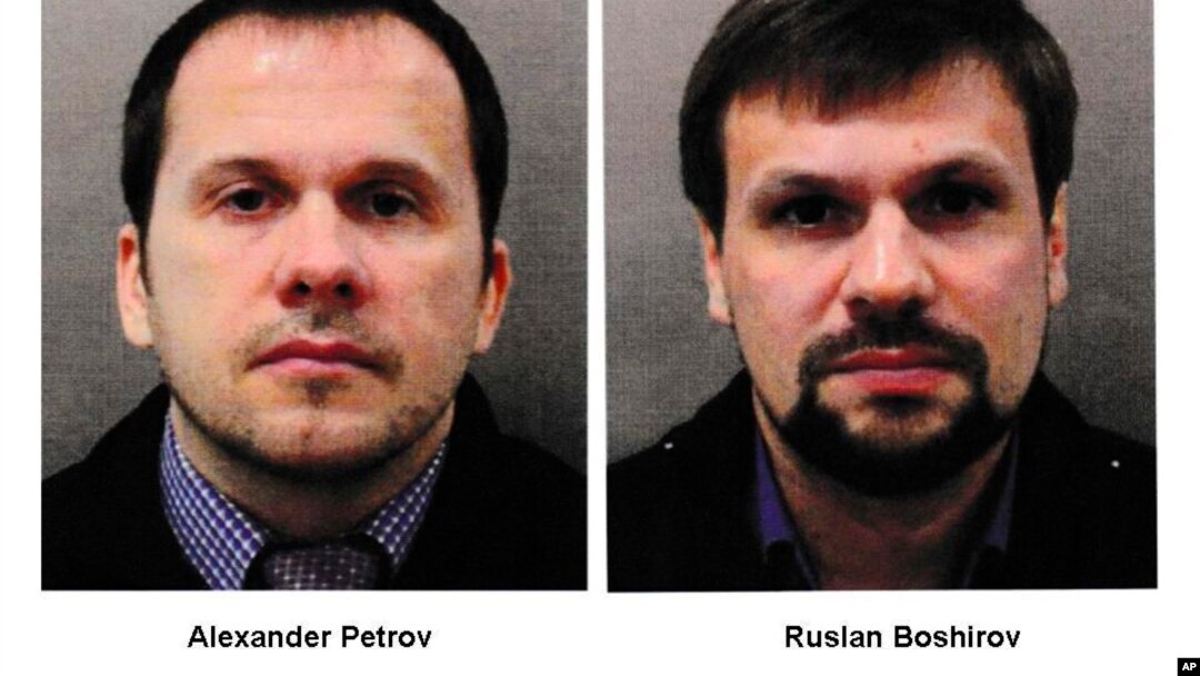 This combination photo made available by London's Metropolitan Police on Sept. 5, 2018, shows Alexander Petrov, left, and Ruslan Boshirov. 