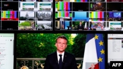 This screen shot shows France's President Emmanuel Macron speaking during a televised address to the nation during which he announced he is dissolving the National Assembly, French Parliament lower house, and calls new general elections on June 30, in Par