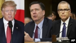 왼쪽부터 도널드 트럼프 대통령과 제임스 코미 전 연방수사국(FBI) 국장, 제임스 매케이브 국장 직무대행.
