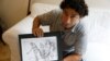 Exiled Syrian artist Najah al-Bukai poses with a ball-pen drawing that stems from the haunting memories of the torture Bukai says he went through and witnessed when imprisoned twice in Syrian government jails, in Yerres, near Paris, Sept. 13, 2018. 