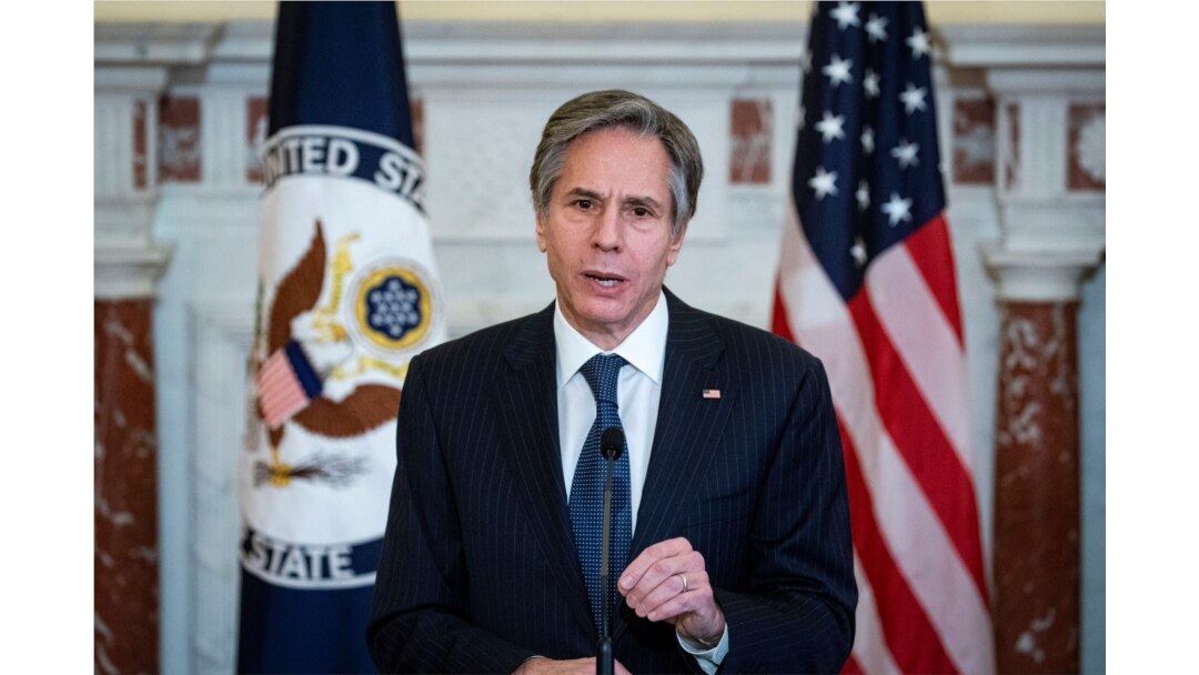 FILE - U.S. Secretary of State Antony Blinken speaks at the State Department in Washington, April 5, 2021.