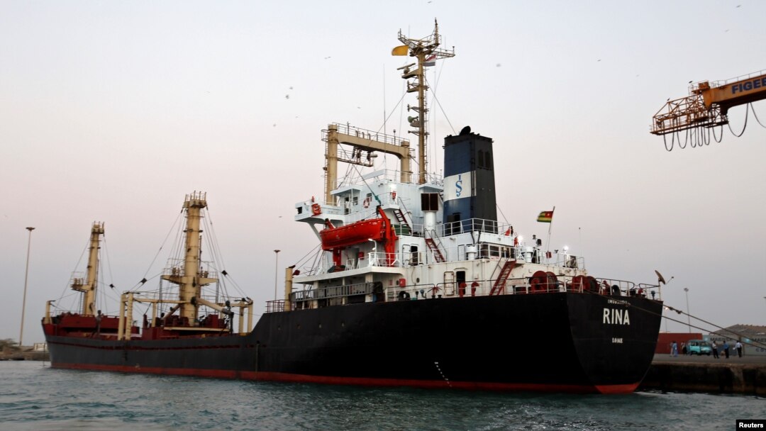 A ship carrying 5,500 metric tons of flour is docked at the Red Sea port of Hodeidah, Yemen, Nov. 26, 2017.