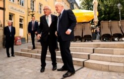 European Commission President Jean-Claude Juncker, left, shakes hands with British Prime Minister Boris Johnson prior to a meeting at a restaurant in Luxembourg, Monday, Sept. 16, 2019. British Prime Minister Boris Johnson was holding his first…