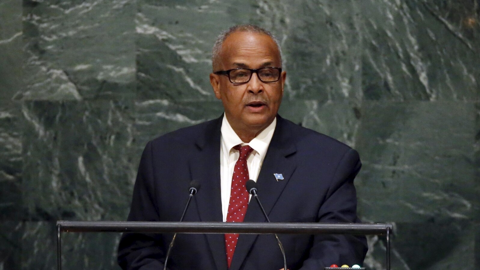 FILE - Foreign Minister Abdisalam Omer of Somalia addresses a plenary meeting of the United Nations Sustainable Development Summit 2015 at the United Nations headquarters in New York, Sept. 26, 2015. 