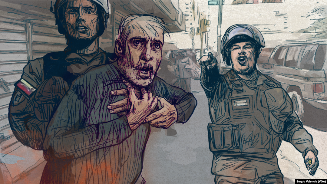 Ilustración realizada por la Voz de América sobre la detención de un activista de la oposición por parte de fuerzas del Estado venezolano.