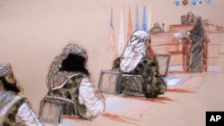 In this pool photo of a sketch by courtroom artist Janet Hamlin and reviewed by the U.S. Department of Defense, three of the five Sept. 11 defendants, from left, Ramzi Binalshibh, Walid bin Attash and the self-proclaimed terrorist mastermind Khalid Sheikh Mohammed, attend a hearing at the Guantanamo Bay U.S. Naval Base in Cuba, January 28, 2013.