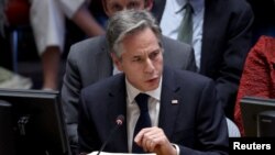 U.S. Secretary of State Antony Blinken speaks during a meeting of the Security Council on the conflict between Israel and the Palestinian Islamist group Hamas at U.N. headquarters in New York, U.S., Oct. 24, 2023. 