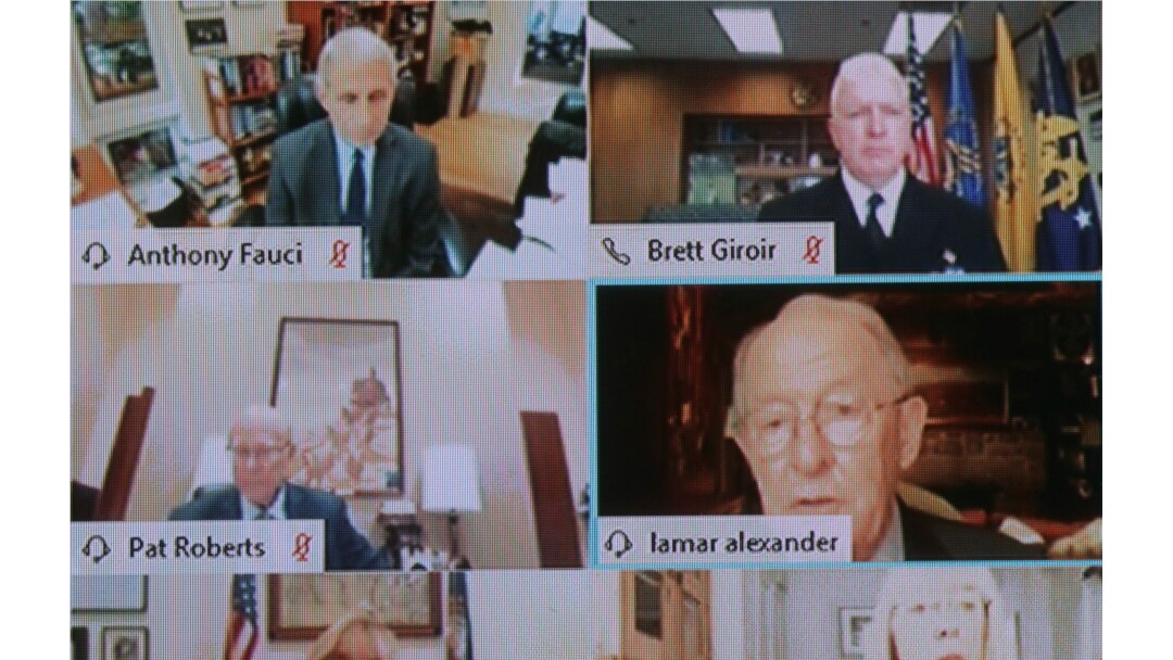 Chairman Lamar Alexander, R-Tenn., shown on a monitor, right, speaks during virtual Senate Committee for Health, Education, Labor, and Pensions hearing, May 12, 2020 on Capitol Hill in Washington.