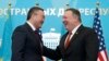 U.S. Secretary of State Mike Pompeo, right, reacts after holding a joint news conference with Kazakh Foreign Minister Mukhtar Tleuberdi at the Ministry of Foreign Affairs in Nur-Sultan, Kazakhstan, Feb. 2, 2020.