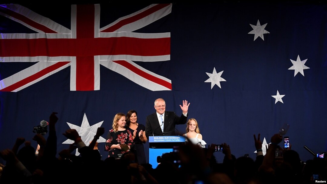 Australia's Prime Minister Scott Morrison with wife Jenny, children Abbey and Lily after winning the 2019 Federal Election, at the Federal Liberal Reception at the Sofitel-Wentworth hotel in Sydney, Australia, May 18, 2019. 