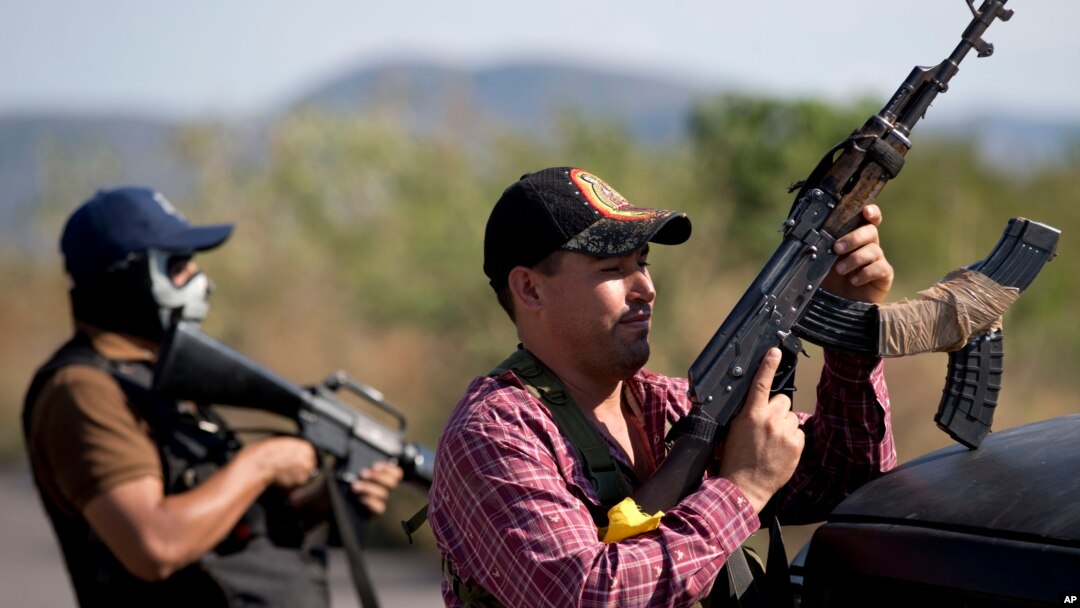 Hombres armados pertenecientes al Consejo de Autodefensas de Michoacán, montan guardia a la entrada del poblado de Antúnez, en México.