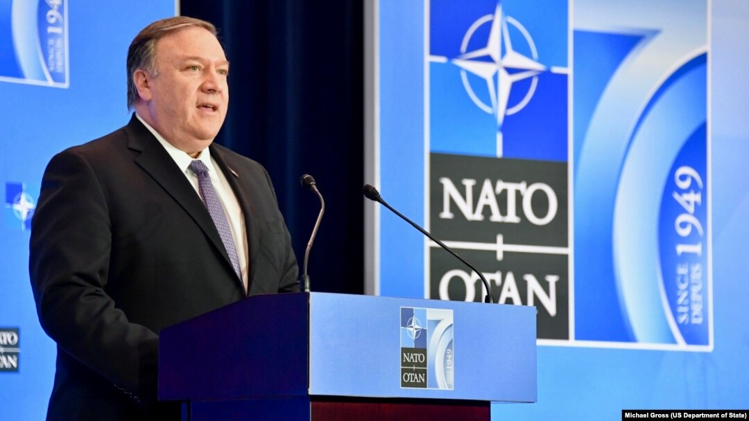 AQSh Davlat kotibi Mayk Pompeo Vashingtonda o'tgan NATO yig'inida.
