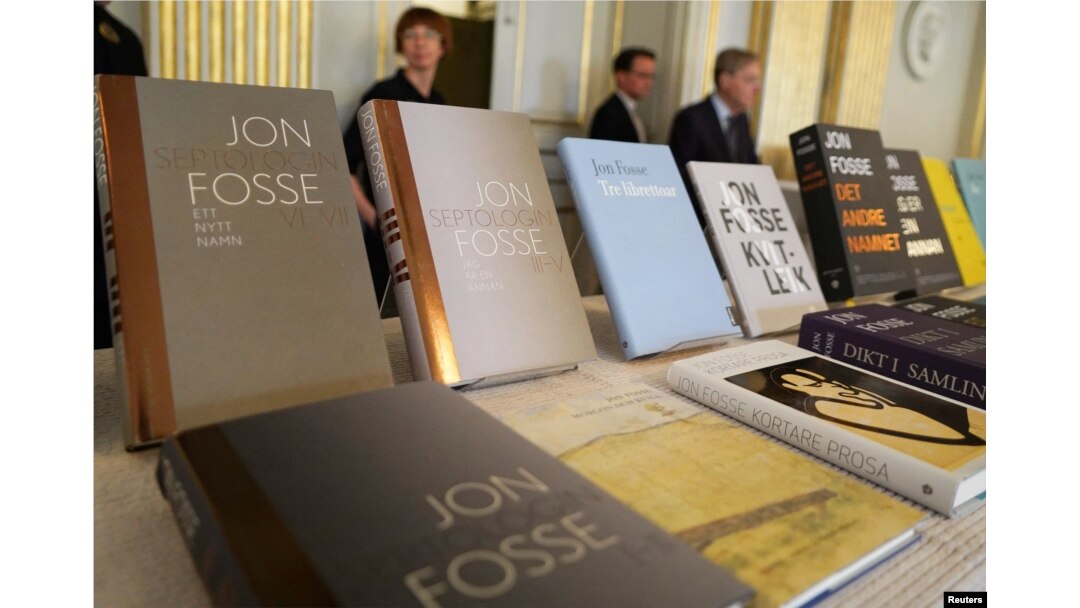 Books by Norwegian author Jon Fosse are put on display in the Swedish Academy after he was named the 2023 laureate of the Nobel Prize in Literature in Stockholm, Sweden, October 5, 2023. (REUTERS/ Tom Little)