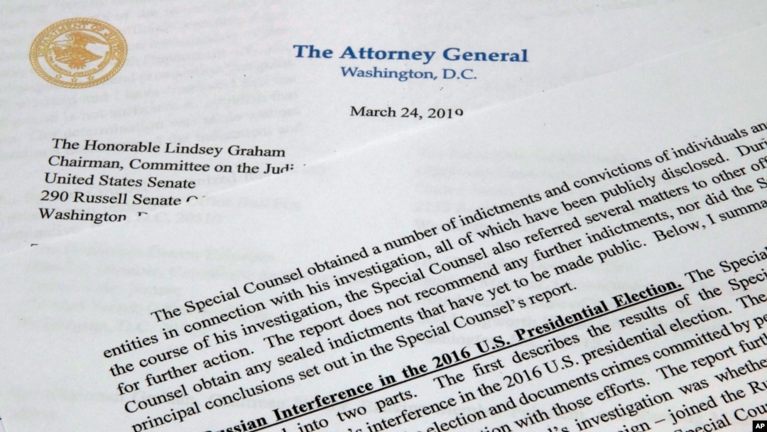 FILE - The letter that Attorney General William Barr sent to Congress on the conclusions reached by special counsel Robert Mueller in the Russia probe is photographed on March 24, 2019. 
